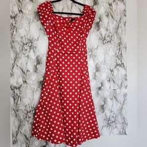 Collectif London 50's Vtg Rock n Roll Style Red and White Polka Dot Flare Dress